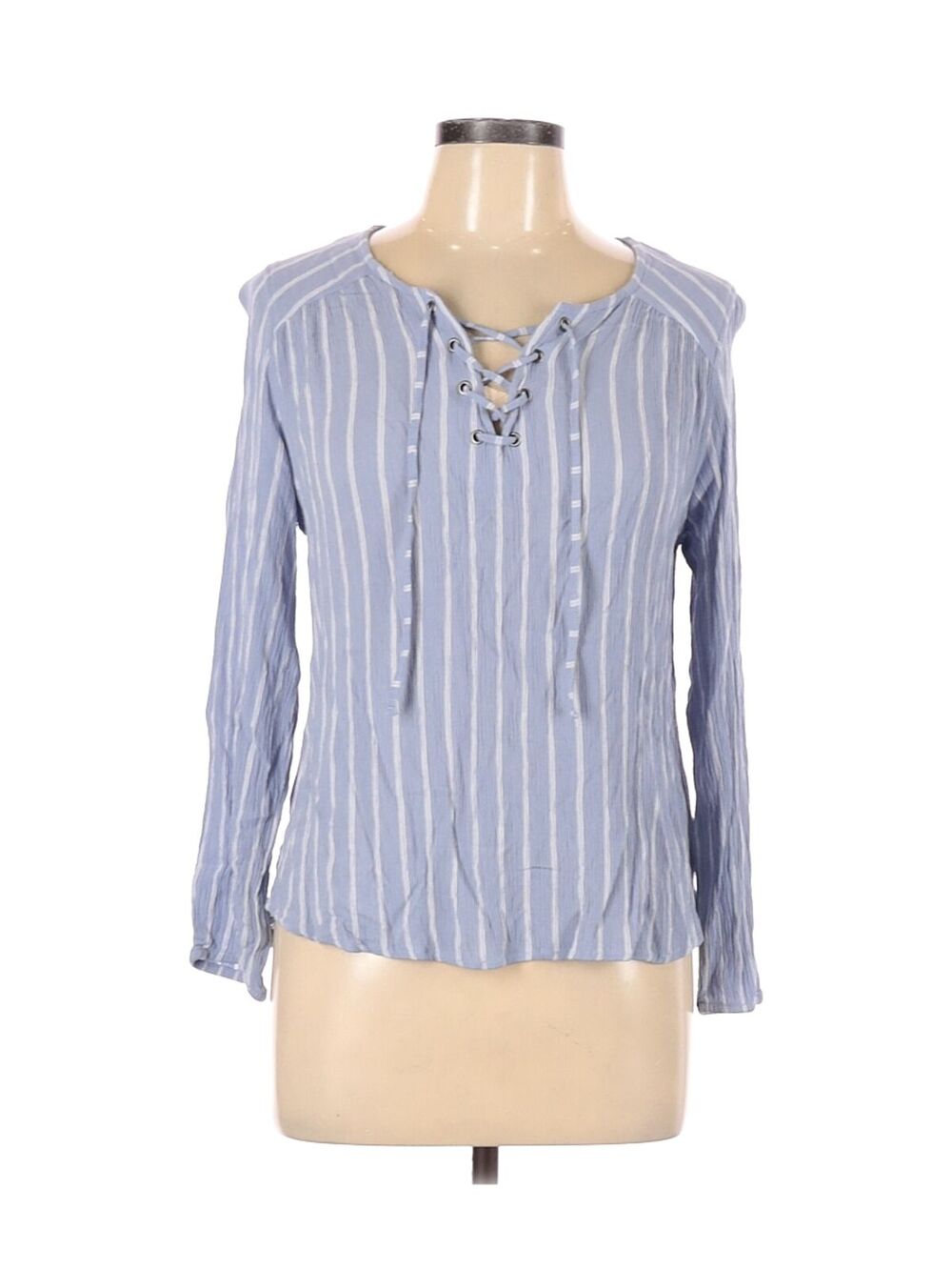 Pink Republic Womens Blouse Large Boho Peasant Blue White Stripe Tie Neck